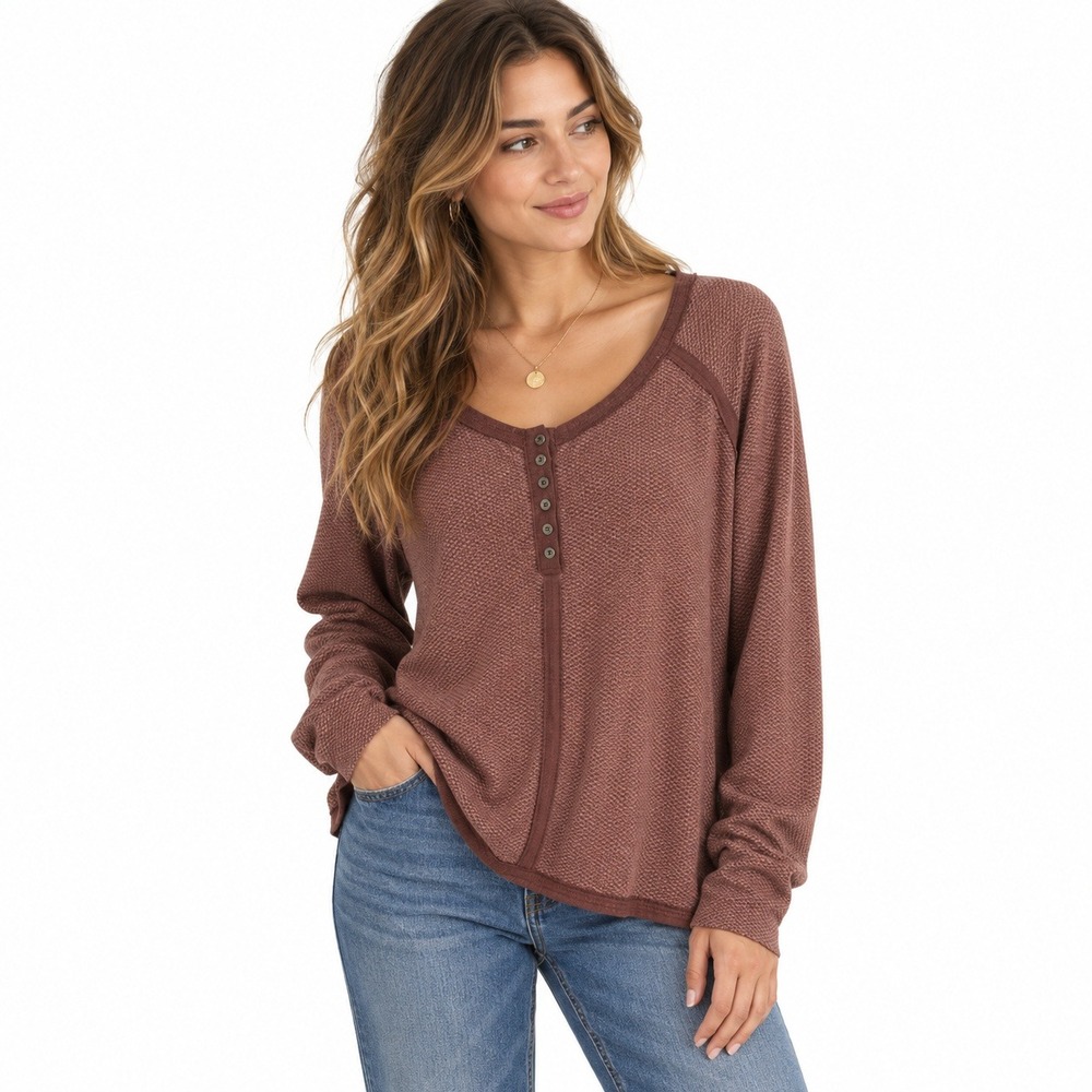 Lisa‎ Robertson Boho Raw Edge Henley Knit Top Women 1XL Dusty Rose Lagenlook
